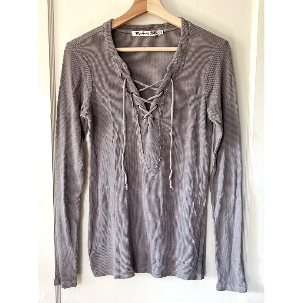 Michael‎ Stars Cotton Waffle Knit Thermal Lace Up Top Dusty Purple OS One Size